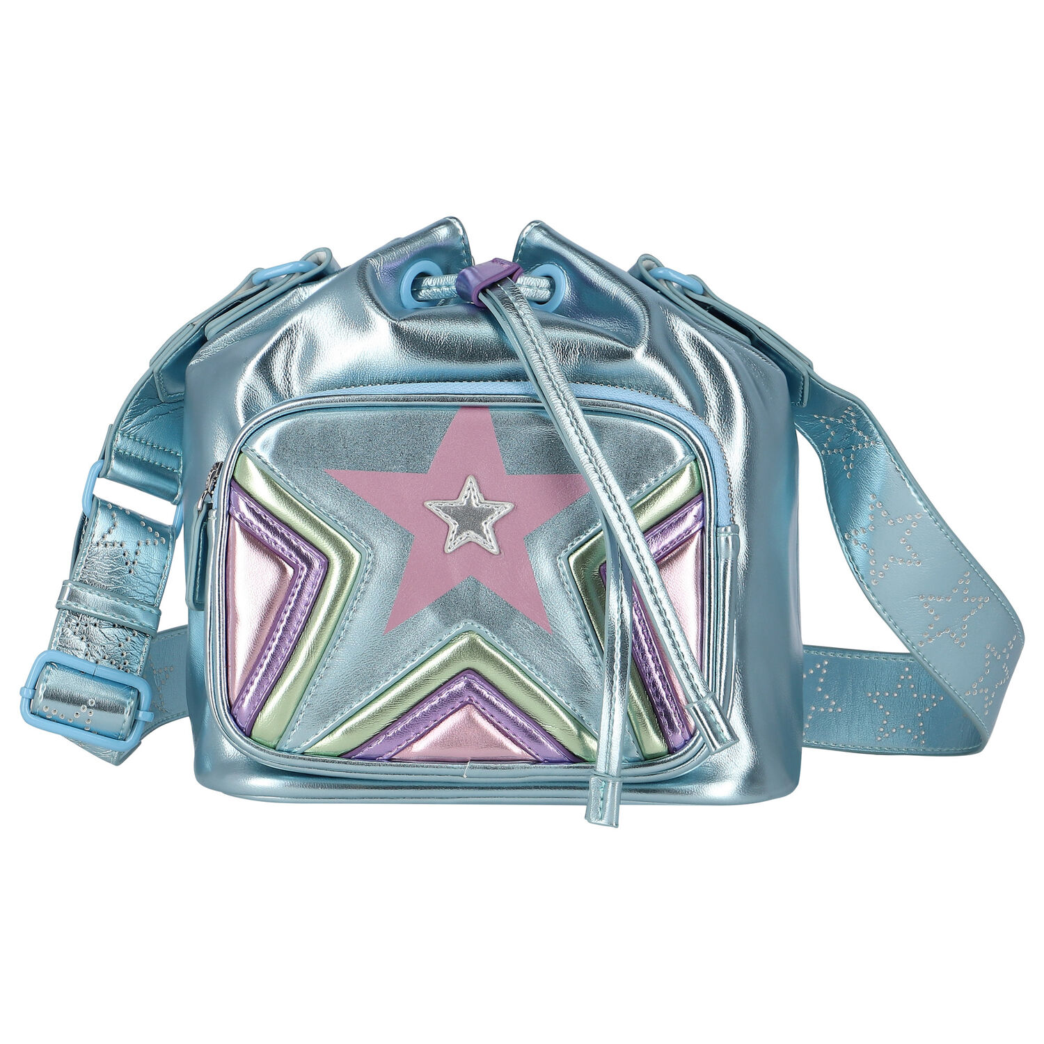 Girls Blue Metallic Faux Leather Handbag, 1, hi-res