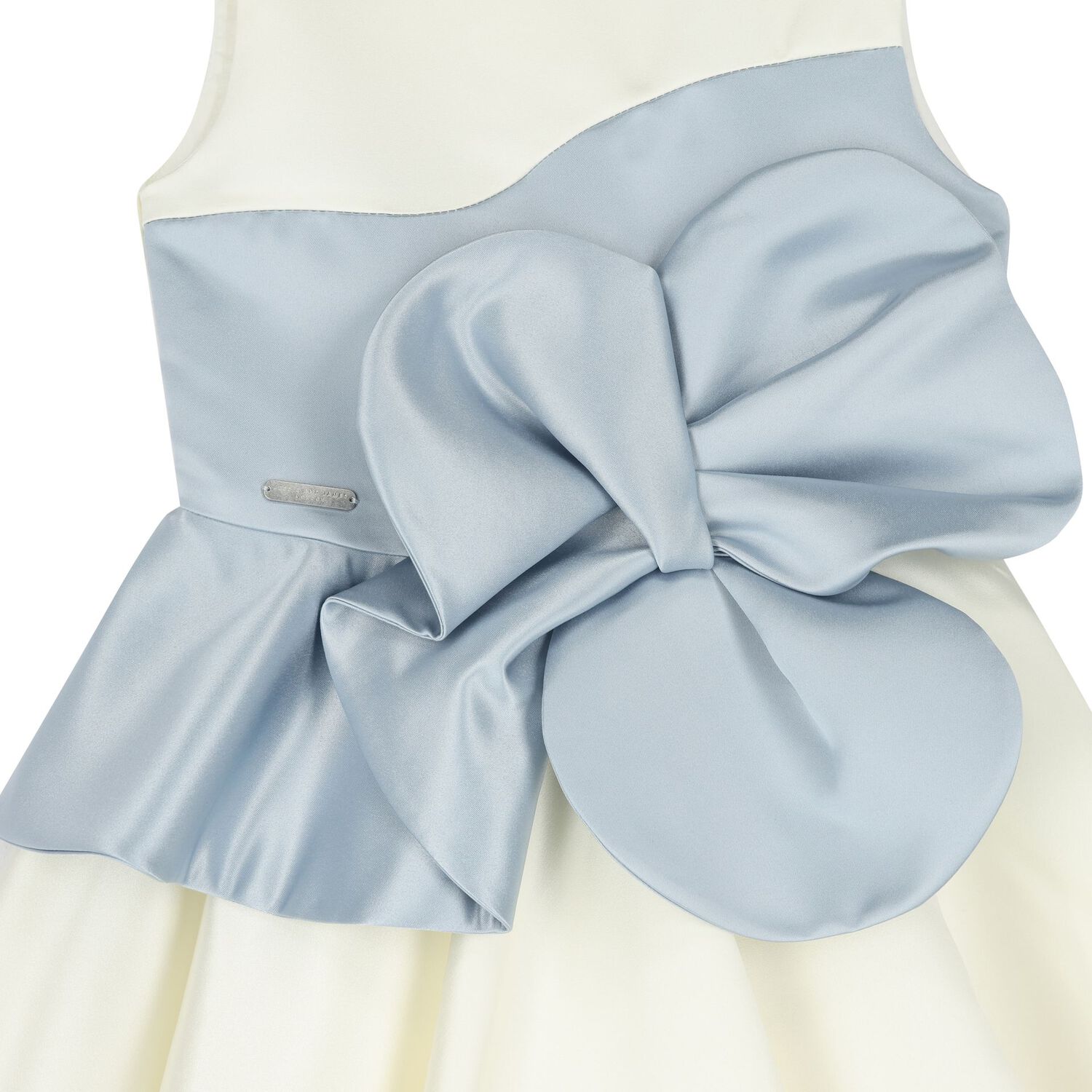 Girls Ivory & Blue Flower Satin Dress, 1, hi-res