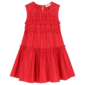Girls Red Poplin Ruffle Dress