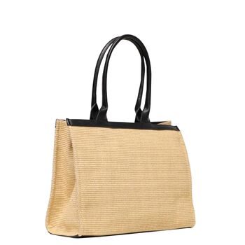 Girls Beige & Black Straw Tote Bag