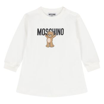 Younger Girls White Teddy Bear Logo Dress