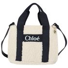 Girls Ivory & Navy Blue Sherpa Fleece Bag, 1, hi-res