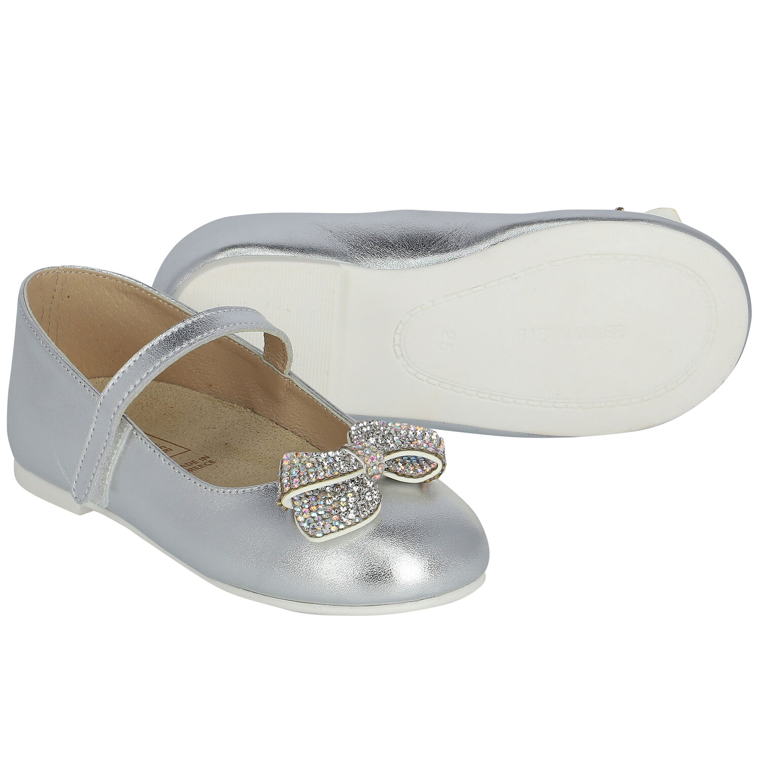 Girls Silver Diamante Bow Shoes, 1, hi-res image number null