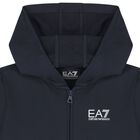 Boys Navy Blue Logo Hooded Zip Up Top, 2, hi-res