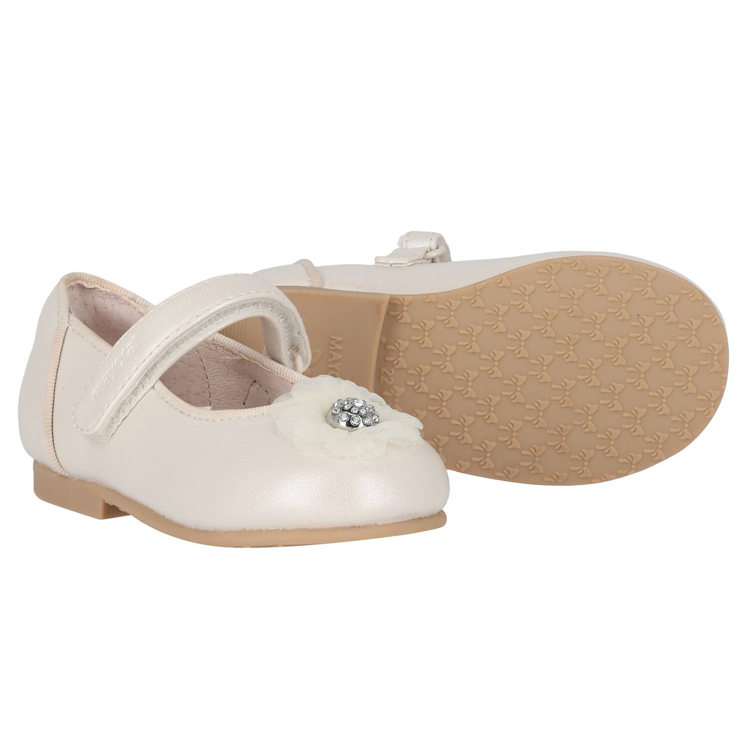 Younger Girls Ivory Diamante Flower Shoes, 3, hi-res image number null