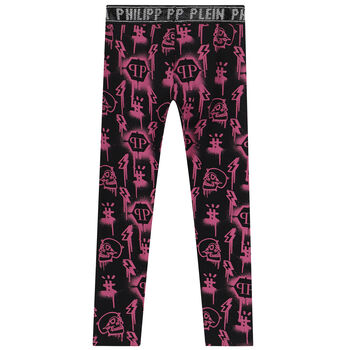Girls Black & Pink Logo Embellished Leggings