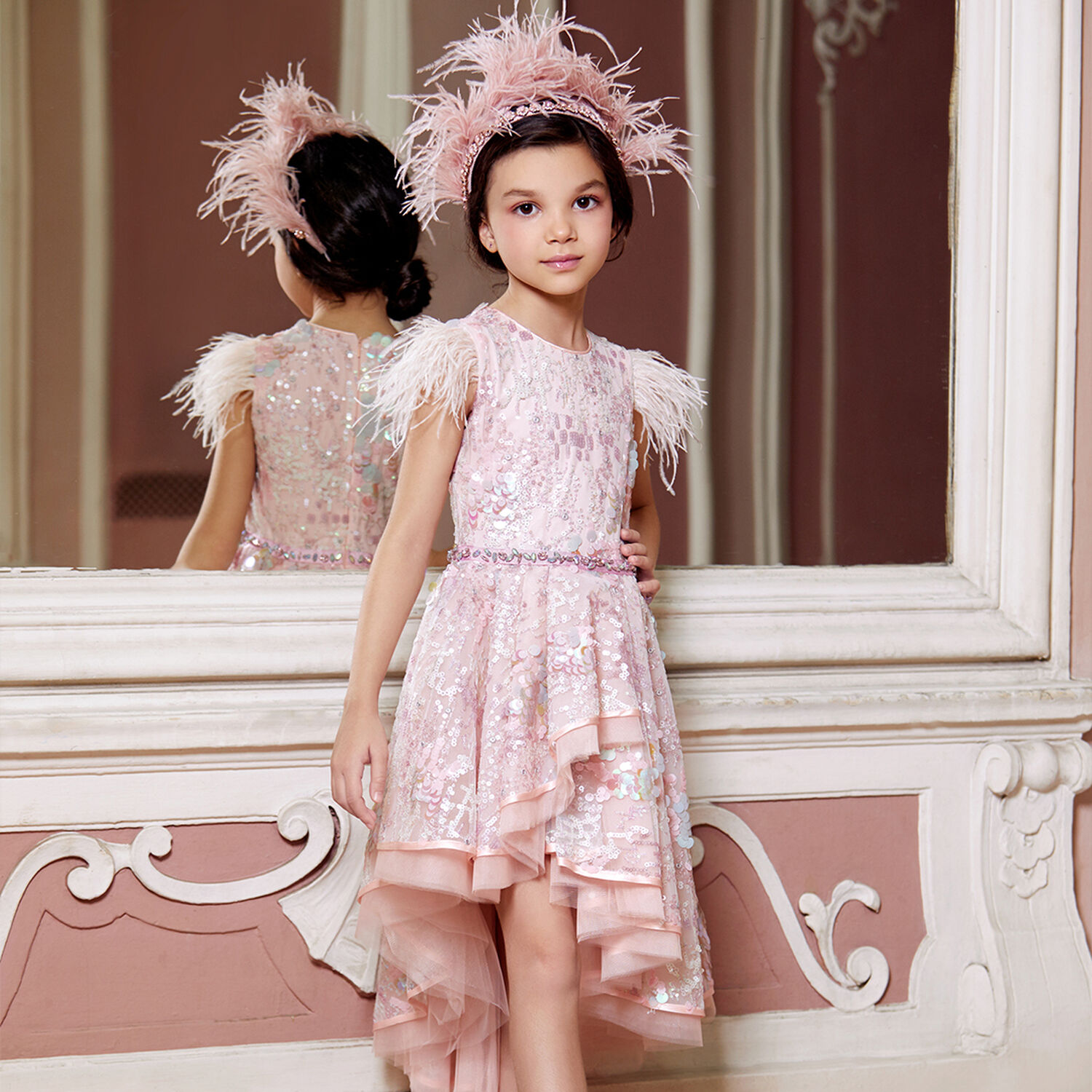 Girls Pink Embellished Sequin Tulle Dress, 1, hi-res