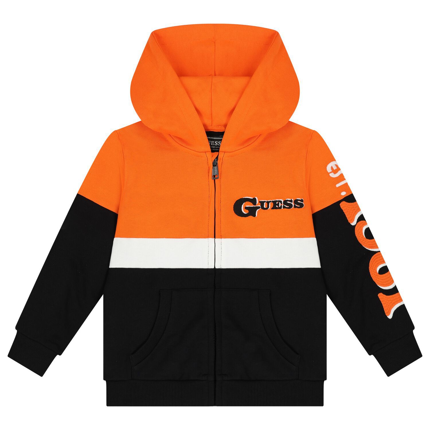 Boys Orange & Black Logo Hooded Zip Up Top, 1, hi-res image number null