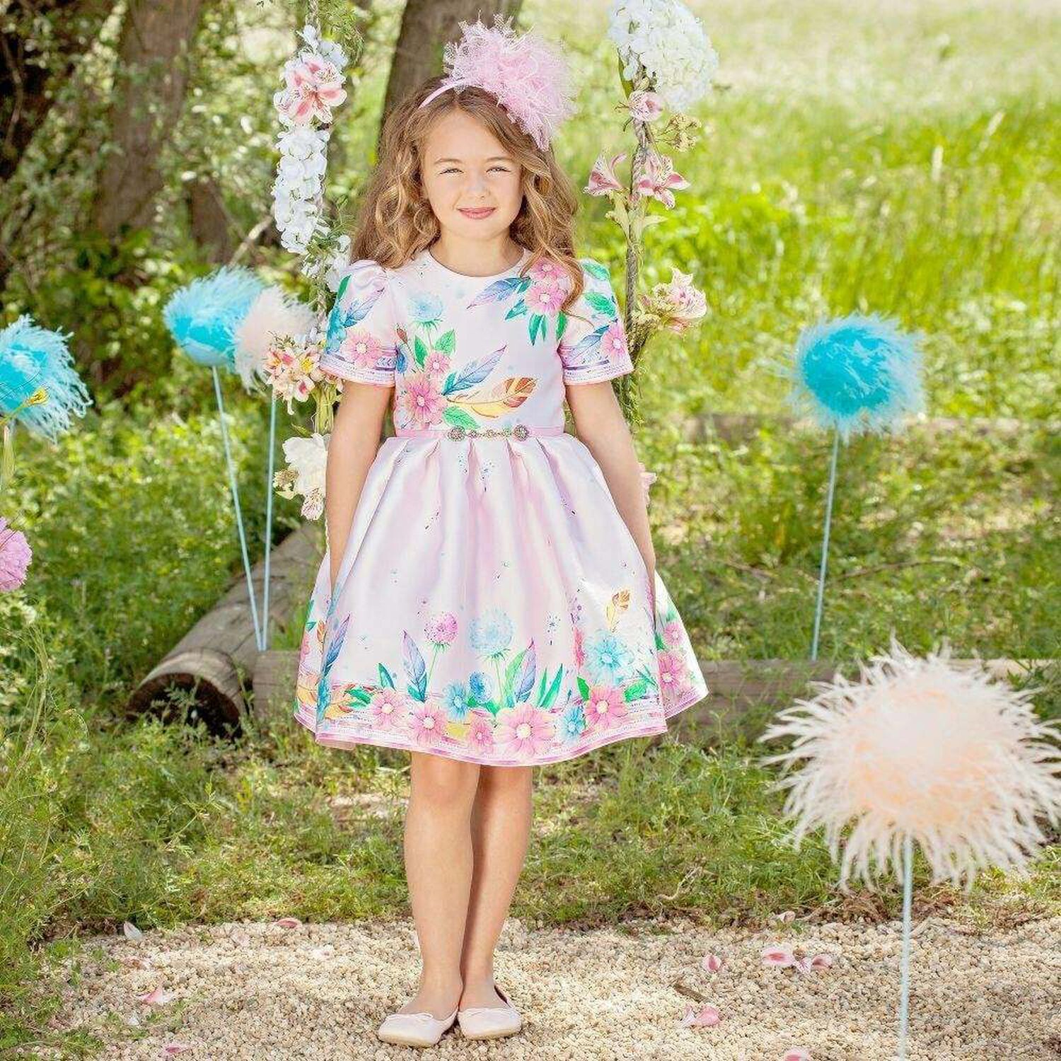 Girls Pink Satin Floral Dress, 1, hi-res image number null