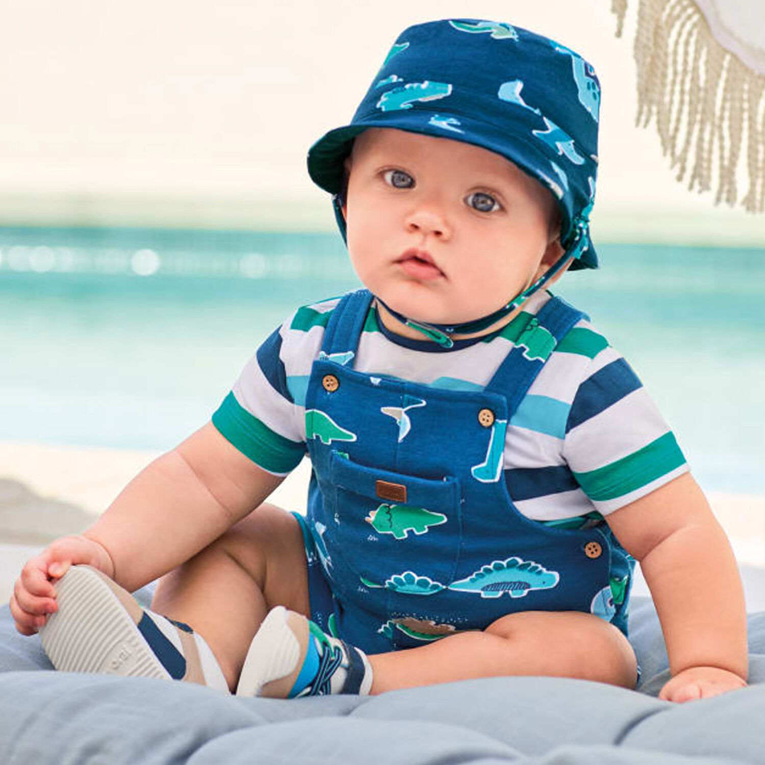 Baby Boys Blue Dinosaur Dungaree & Hat Set, 1, hi-res