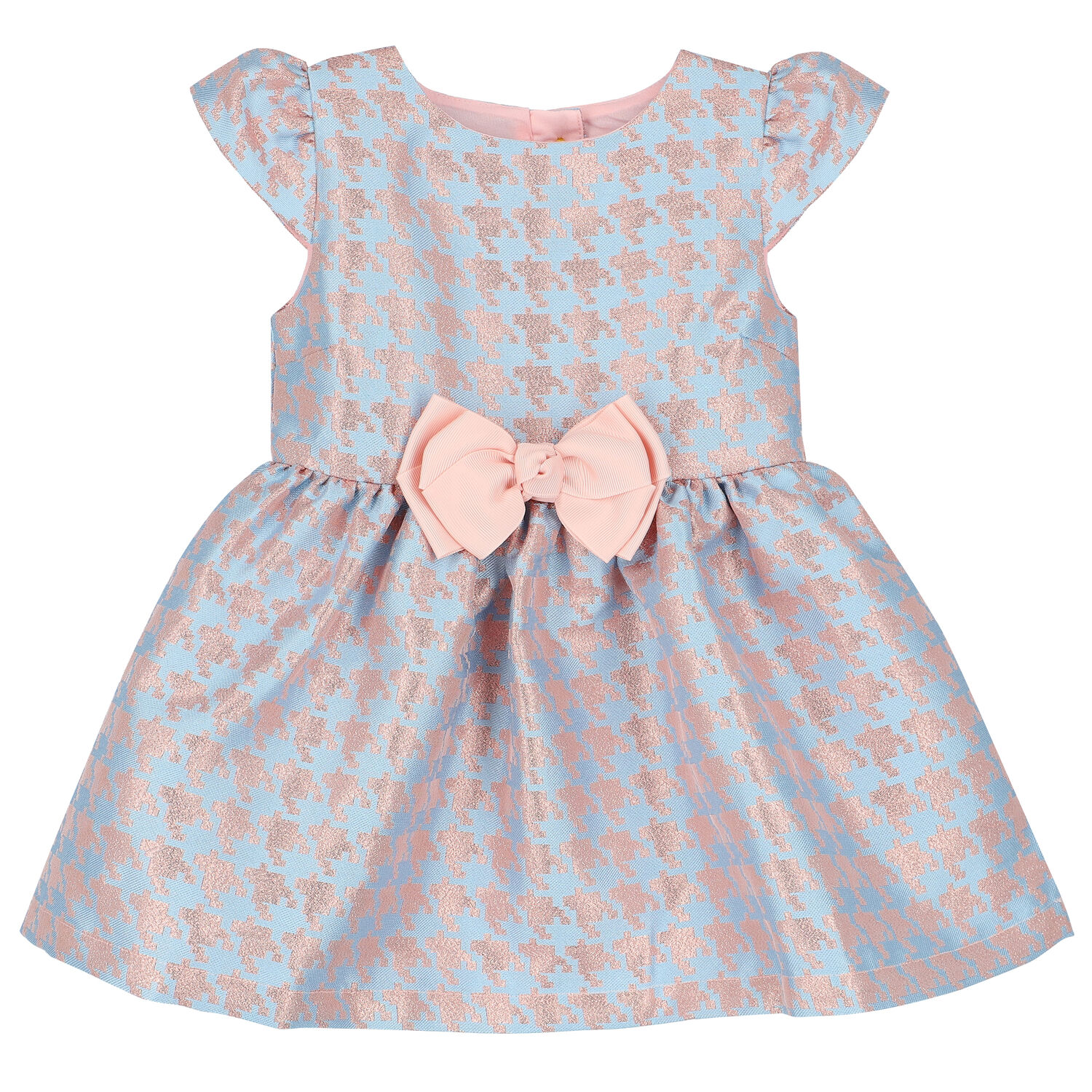 Baby Girls Blue & Rose Gold Houndstooth Dress, 1, hi-res
