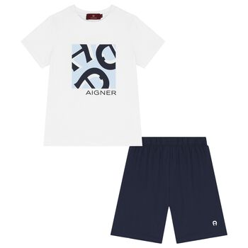 Boys White & Navy Blue Logo Pyjamas