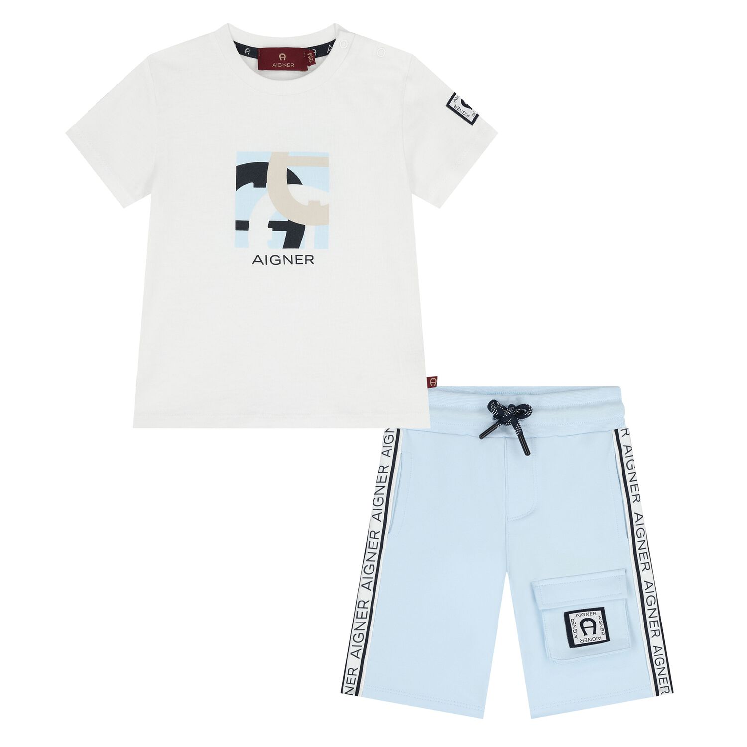 Younger Boys White & Blue Logo Shorts Set, 1, hi-res
