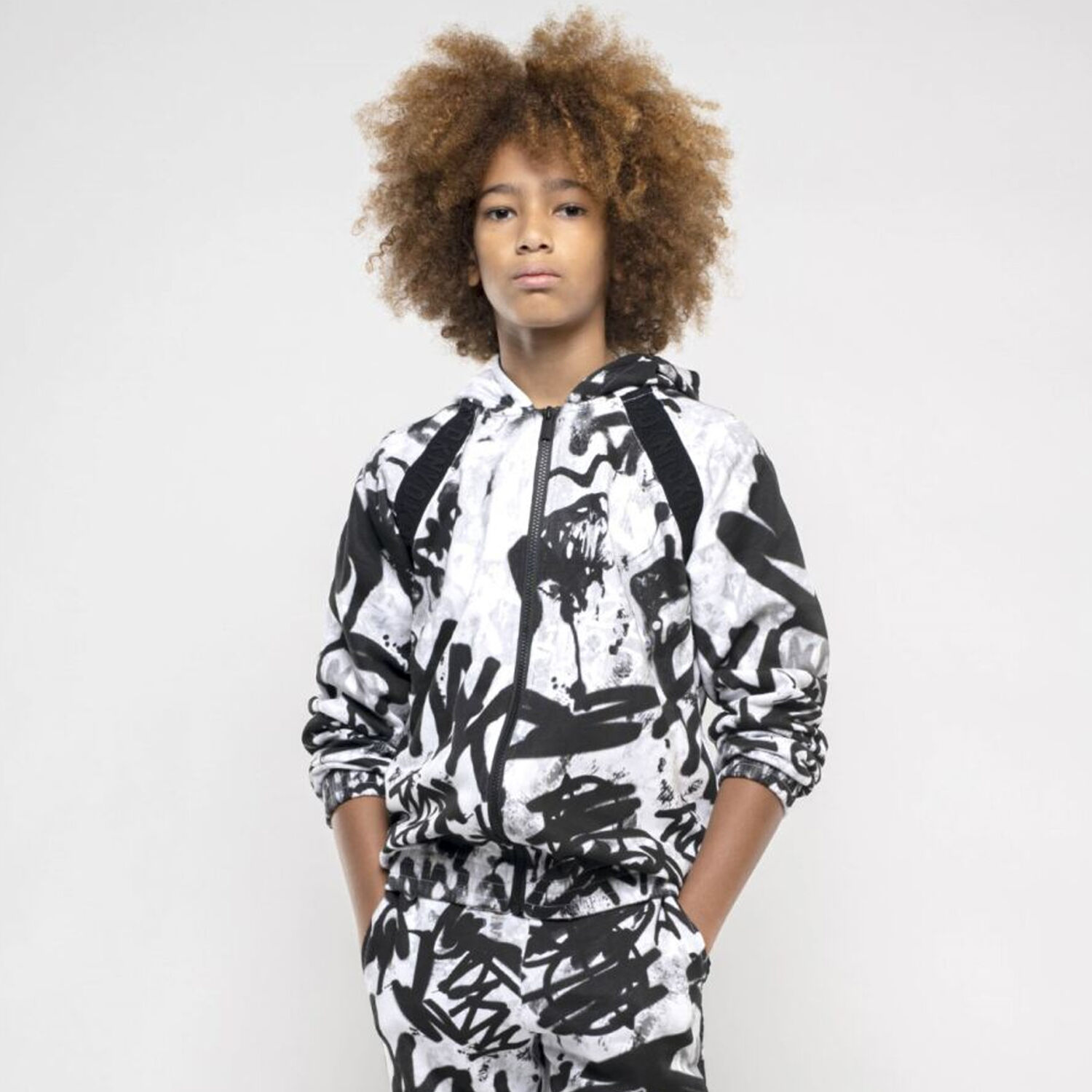 White & Black Graffiti Logo Hooded Zip Up Top, 1, hi-res