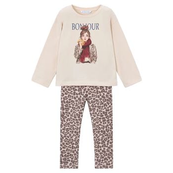 Girls Ivory & Beige Leggings Set