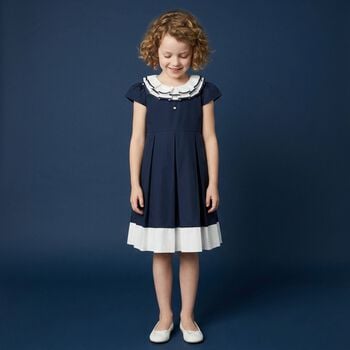 Girls Navy Blue Ruffled Collar Pleated Dress