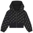 Girls Black Logo Hooded Zip Up Top, 1, hi-res