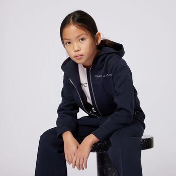 Girls Navy Blue Logo Hooded Zip Up Top