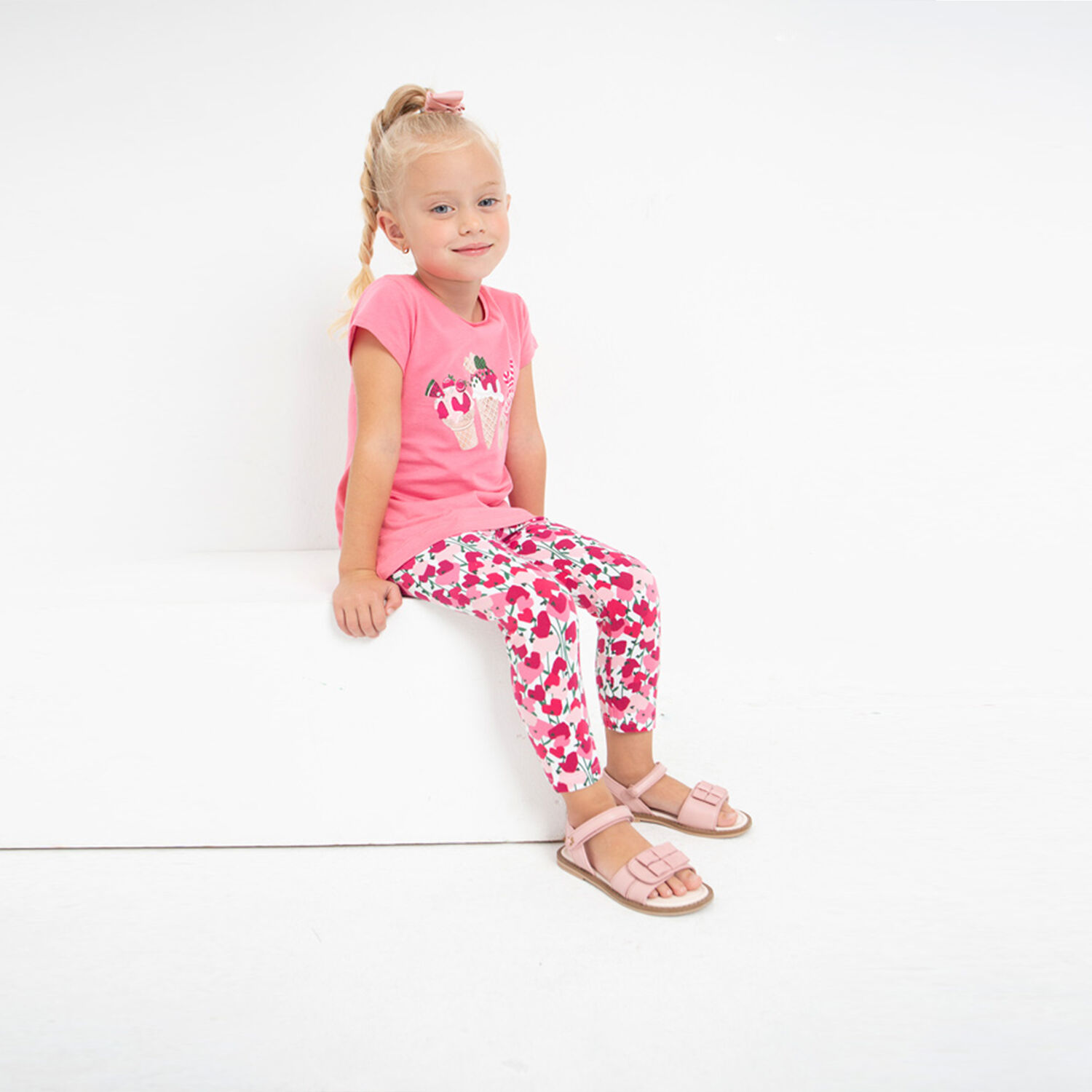Girls Ivory & Pink Hearts Leggings, 1, hi-res