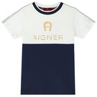 Boys White & Navy Logo T-Shirt, 2, hi-res