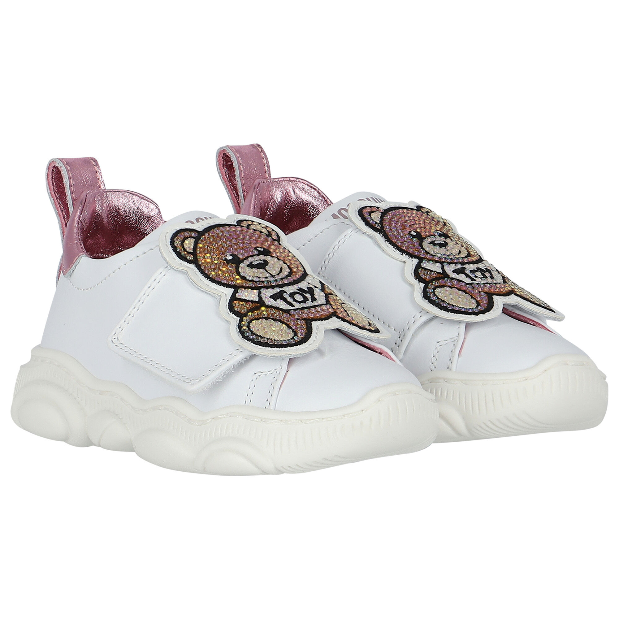 Moschino Girls White Embellished Teddy Logo Trainers Junior Couture UK