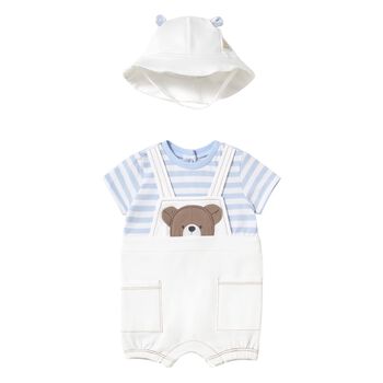 Baby Boys White & Blue Dungaree & Hat Set