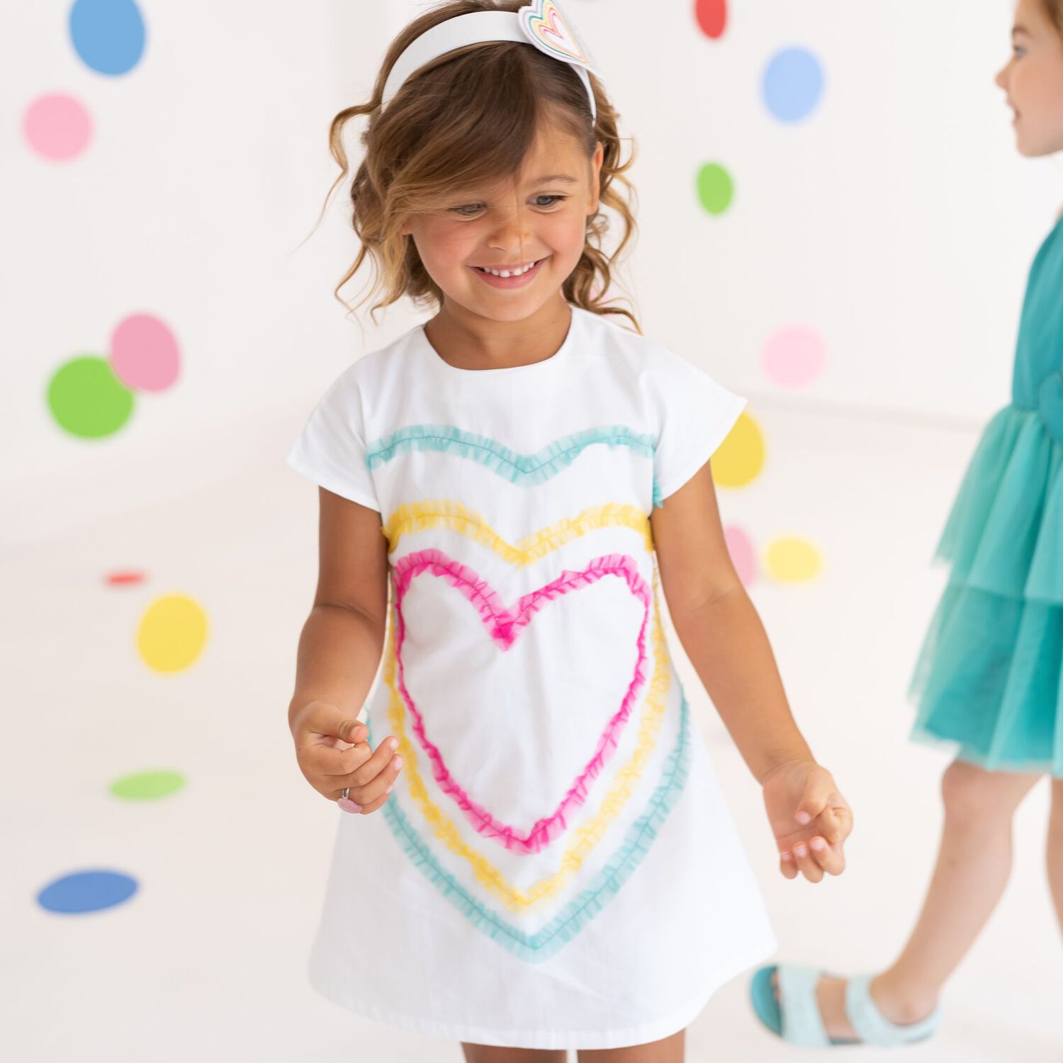 Girls White Heart Dress, 1, hi-res