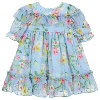 Younger Girls Blue Floral Chiffon Dress