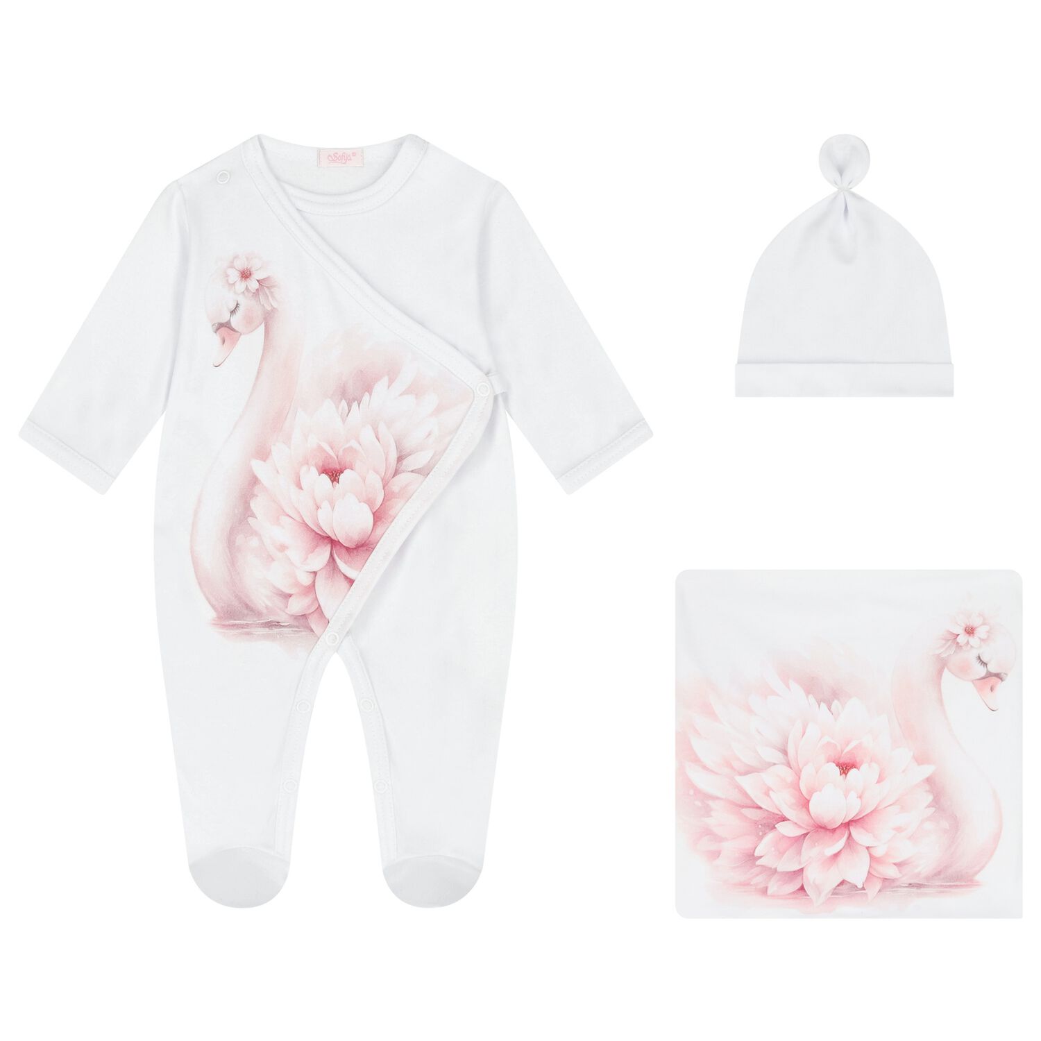 Baby Girls White & Pink Swan Babygrow Set, 1, hi-res image number null