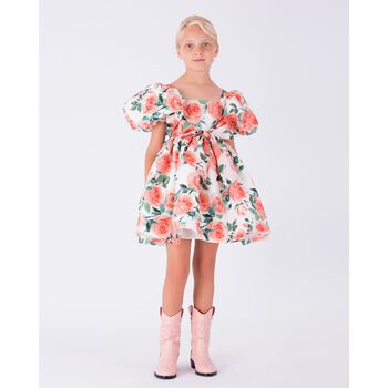 Girls Ivory & Orange Floral Satin Dress