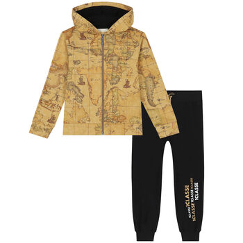 Boys Beige & Black Logo Geo Map Tracksuit