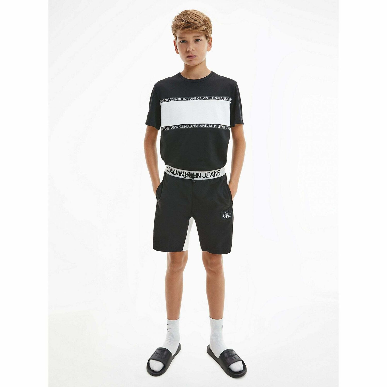 Boys Black & Grey Logo Shorts, 1, hi-res