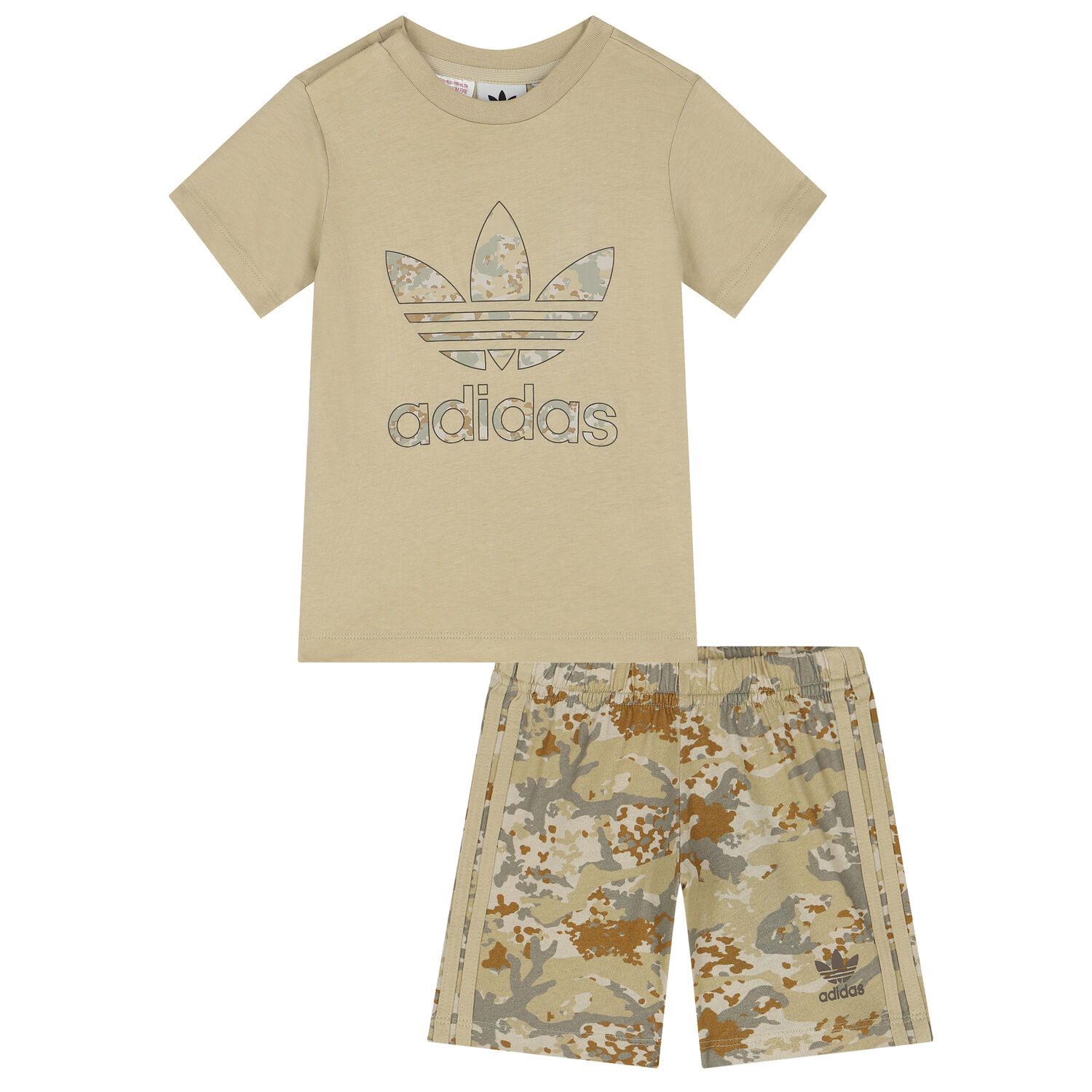 Beige Trefoil Logo Camouflage Shorts Set, 1, hi-res
