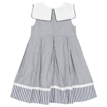 Girls White & Blue Striped Bow Dress