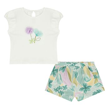 Younger Girls Ivory & Green Floral Shorts Set