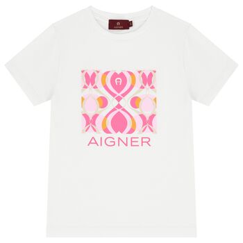 Aigner Girls White & Pink Logo T-Shirt, 1 Girls White & Pink Logo T-Shirt