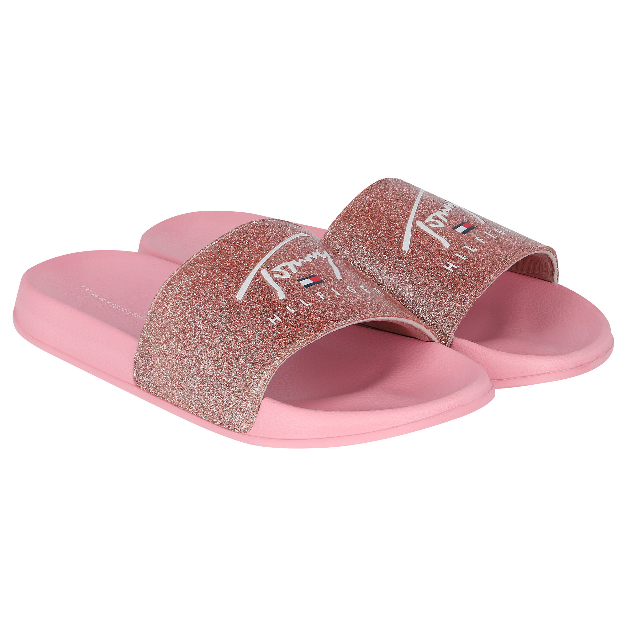 Tommy Hilfiger Girls Rose Gold Pink Sliders Junior Couture UK