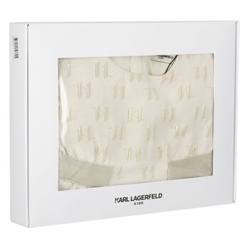 Girls Ivory & Gold Logo Jacquard Dress