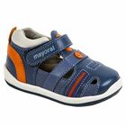 Younger Boys White & Navy Blue Leather Shoes, 2, hi-res