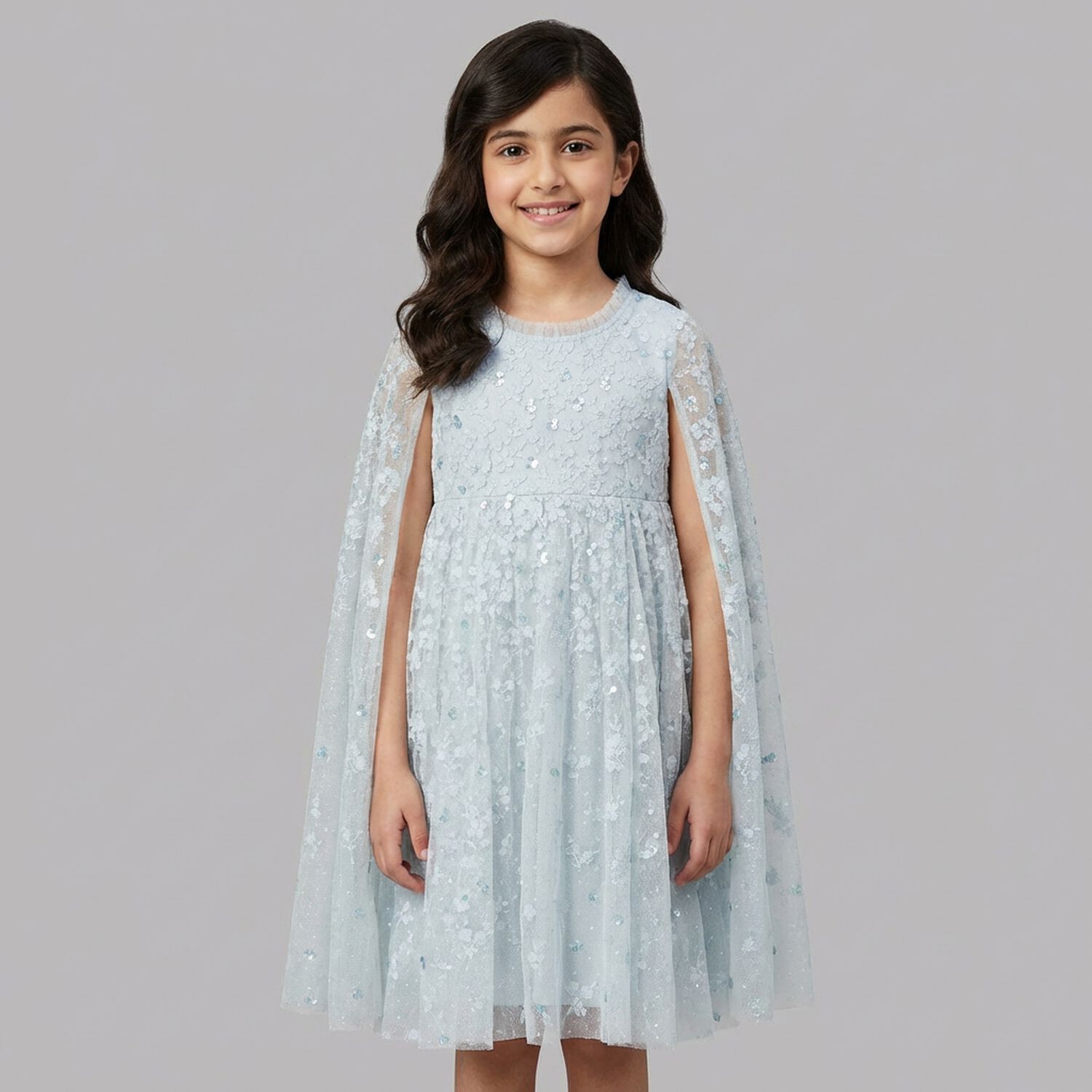 Girls Blue Sequin & Flower Tulle Cape Dress, 1, hi-res