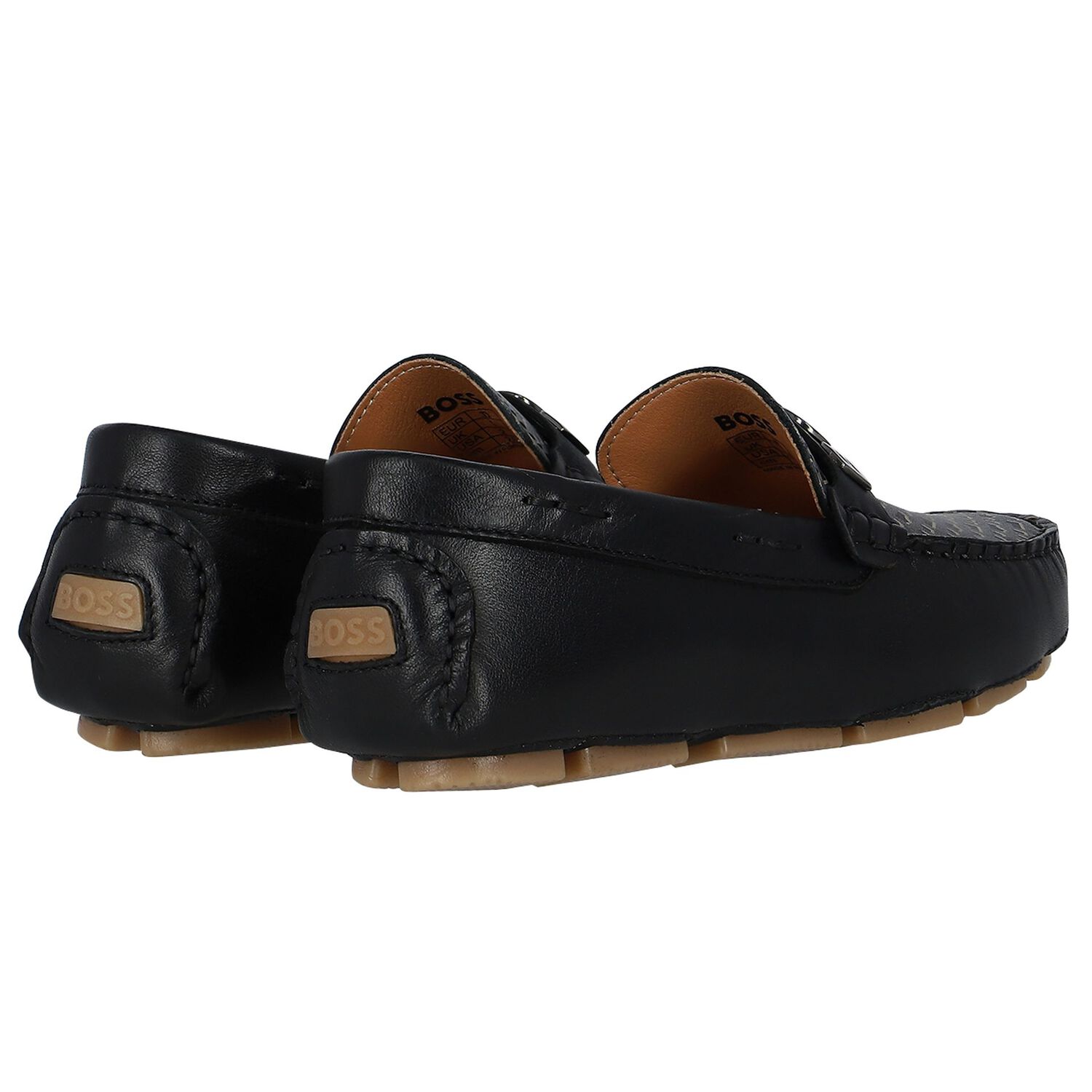 Boys Black Leather Monogram Moccasins, 1, hi-res