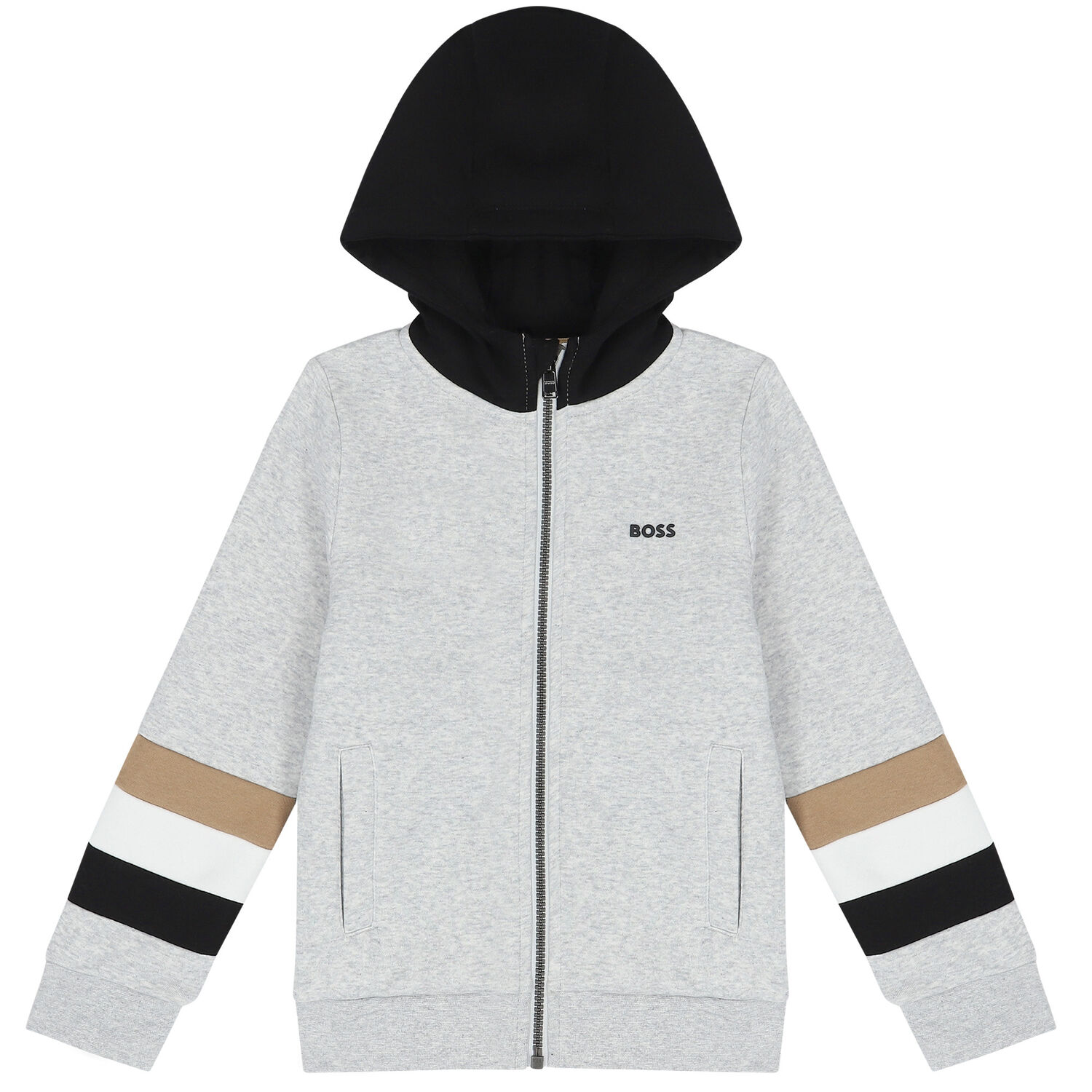 Boys Grey Logo Hooded Zip Up Top, 1, hi-res