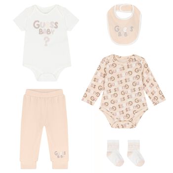Baby Girls Ivory & Beige Cotton Bodysuit & Pants Gift Set