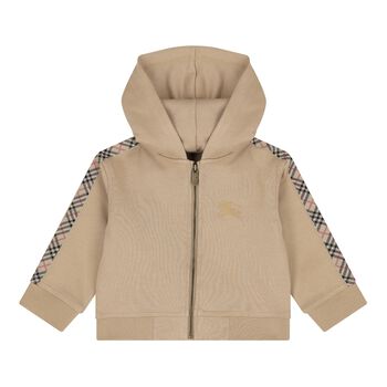 Beige Check Logo Baby Hooded Zip Up Top