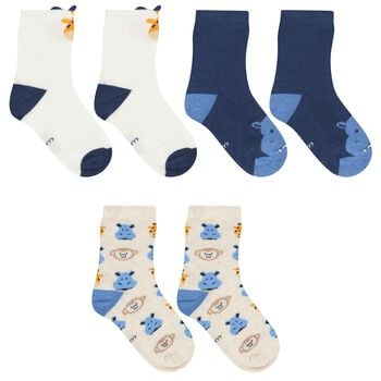 Younger Boys White, Navy Blue & Beige Socks ( 3-Pack ) 