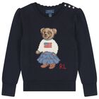 Girls Navy Blue Polo Bear Knitted Swearshirt, 1, hi-res
