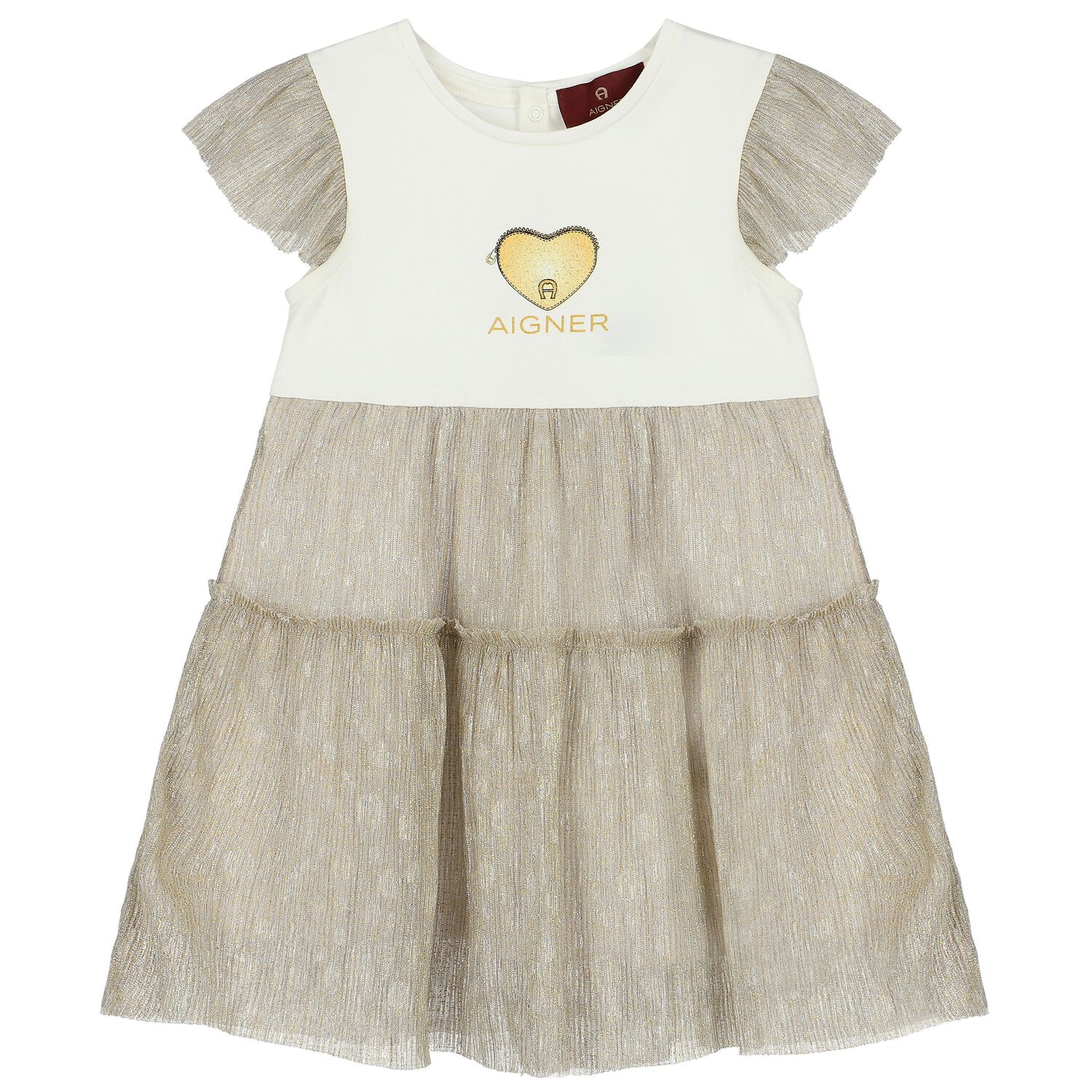 Younger Girls Ivory & Gold Logo Heart Dress, 1, hi-res