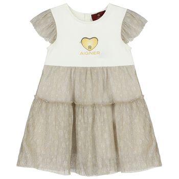 Younger Girls Ivory & Gold Logo Heart Dress