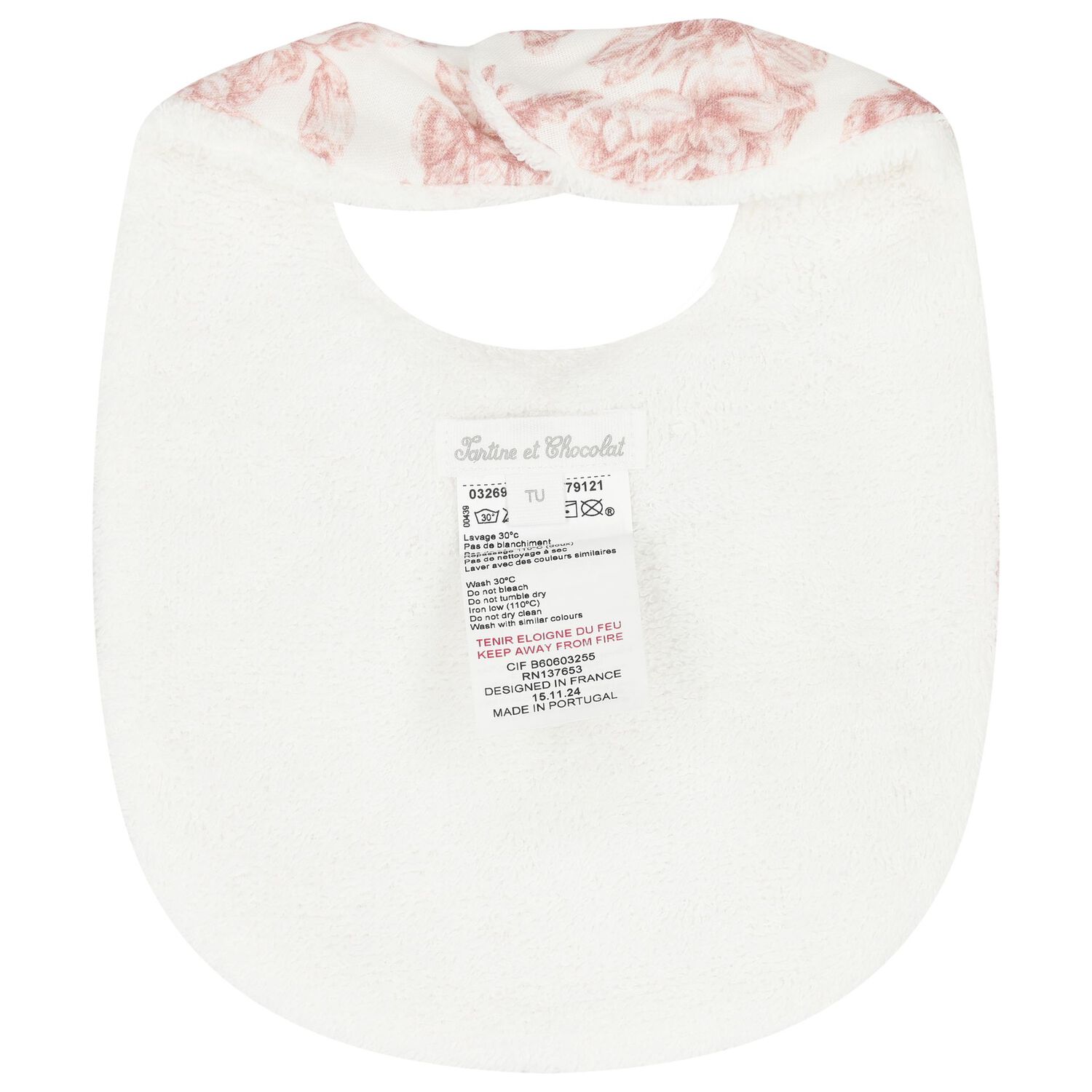 Baby Girls White & Pink Toile De Jouy Bib, 3, hi-res