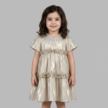 Younger Girls Beige & Gold Logo Ruffled Dress